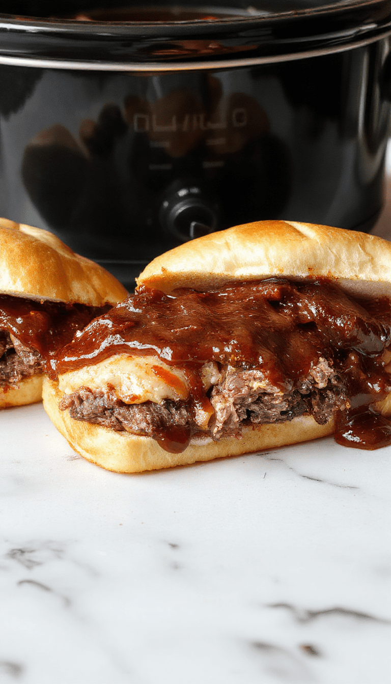 Colorful plate featuring tender sliced roast beef on toasted French rolls, dripping with rich au jus, garnished with fresh herbs, and served alongside a small bowl of dipping sauce. The vibrant beef slices and golden-brown bread are emphasized with appealing textures and plating.