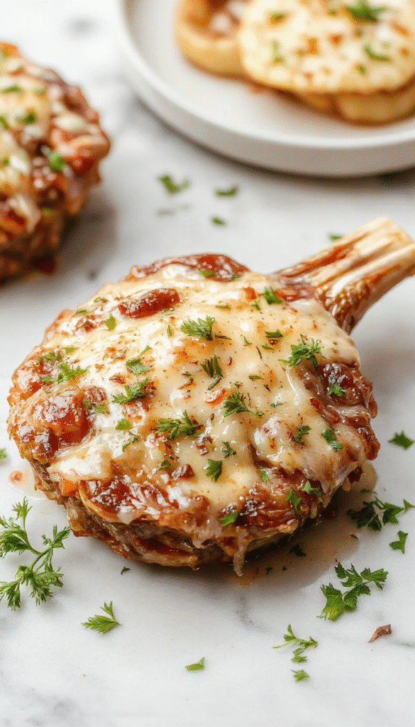 Four juicy pork chops cooked in a slow cooker, topped with a creamy garlic parmesan sauce, served on a rustic wooden plate with fresh parsley garnish, highlighting the tender texture and rich, cheesy sauce with a golden-brown crust.