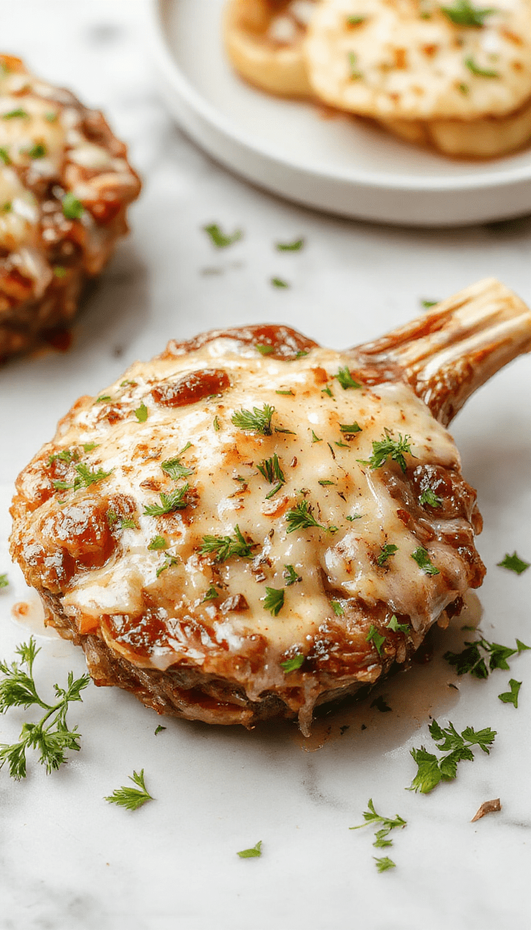 Four juicy pork chops cooked in a slow cooker, topped with a creamy garlic parmesan sauce, served on a rustic wooden plate with fresh parsley garnish, highlighting the tender texture and rich, cheesy sauce with a golden-brown crust.