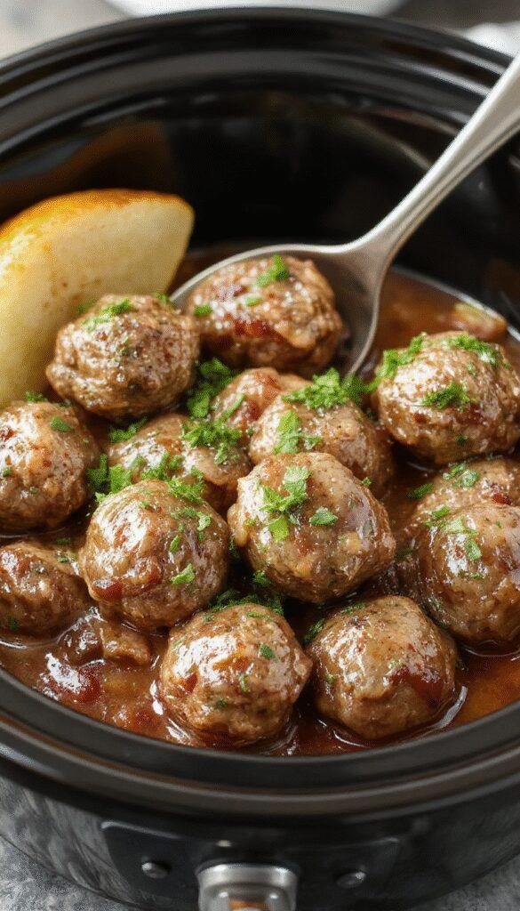 A cozy bowl of Slow Cooker Salisbury Steak Meatballs with rich gravy served alongside mashed potatoes and green beans