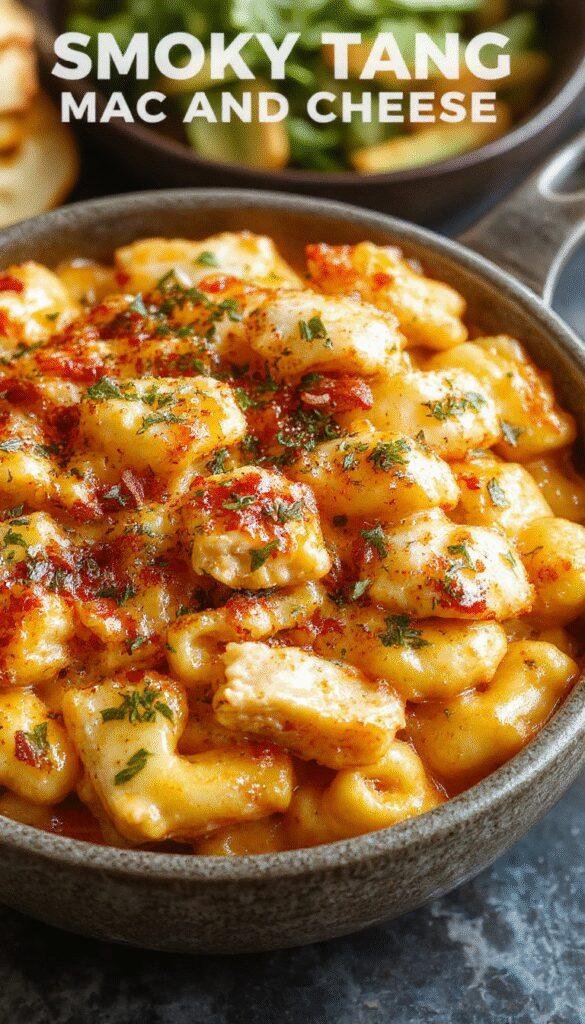 A close-up of a bowl of smoky tangy chicken mac and cheese topped with chopped herbs and crispy chicken pieces, showcasing a cheesy and flavorful dish.