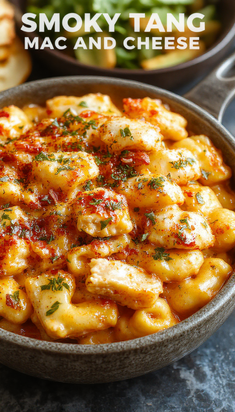 A close-up of a bowl of smoky tangy chicken mac and cheese topped with chopped herbs and crispy chicken pieces, showcasing a cheesy and flavorful dish.