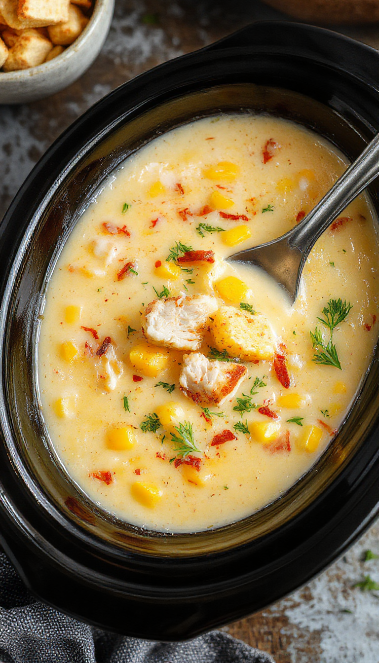 A warm bowl of creamy slow cooker chicken and corn chowder garnished with fresh herbs and served with crusty bread on a rustic table.