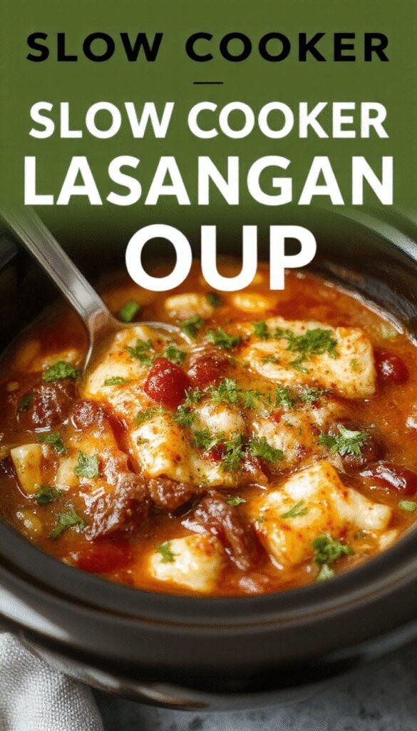 A warm bowl of Soul-Soothing Slow Cooker Lasagna Soup garnished with fresh basil and melted cheese, served in a rustic crockpot.