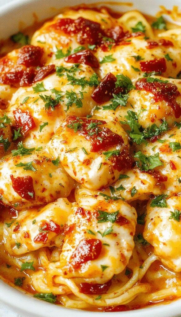 A creamy Southern Chicken Spaghetti Bake topped with melted cheese, served in a casserole dish with fresh herbs garnishing.