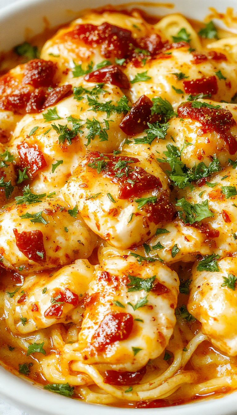 A creamy Southern Chicken Spaghetti Bake topped with melted cheese, served in a casserole dish with fresh herbs garnishing.