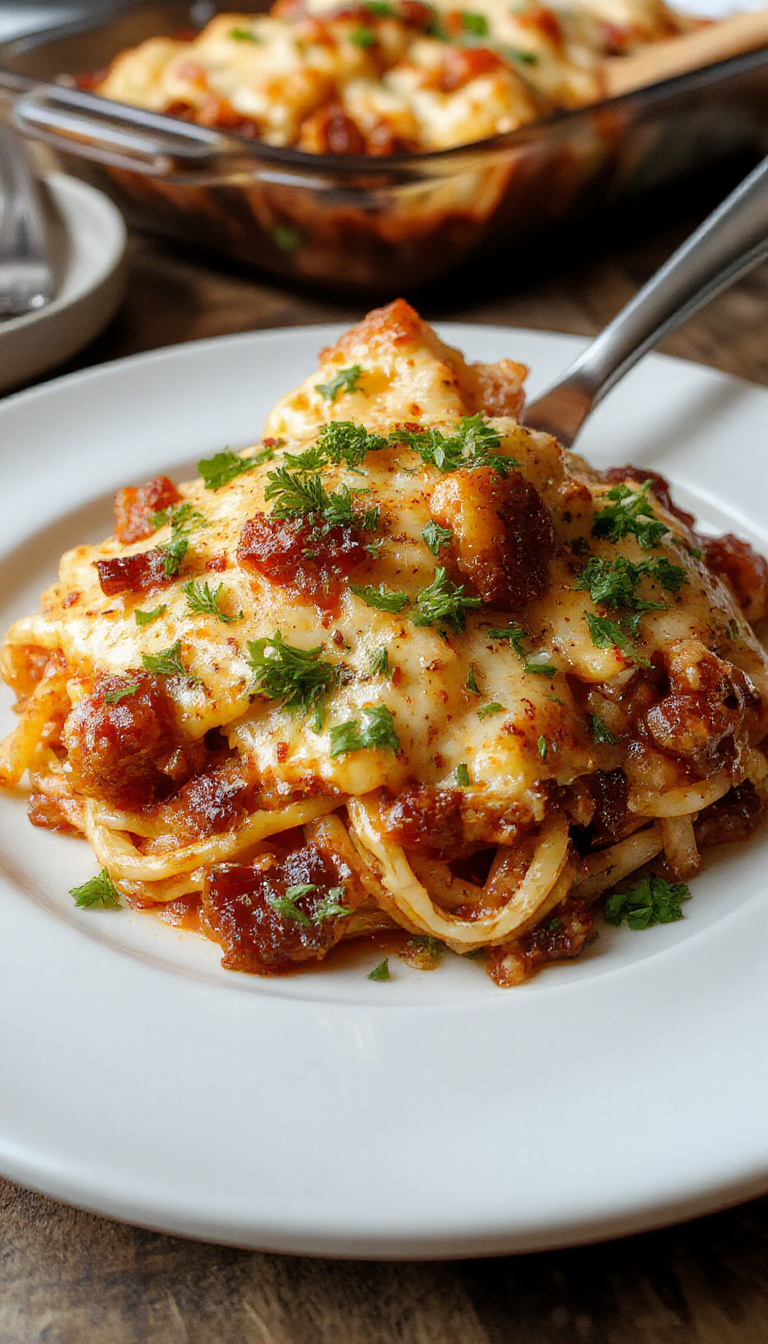 A bubbling Southern Spaghetti Bake in a casserole dish, topped with melted cheese and fresh herbs, ready to serve