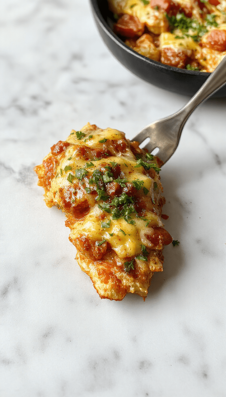 A vibrant skillet dish featuring golden-brown chicken pieces topped with melting cheddar and Monterey Jack cheese, garnished with chopped cilantro, red bell peppers, and sliced jalapenos on a rustic wooden table with colorful ingredients around.