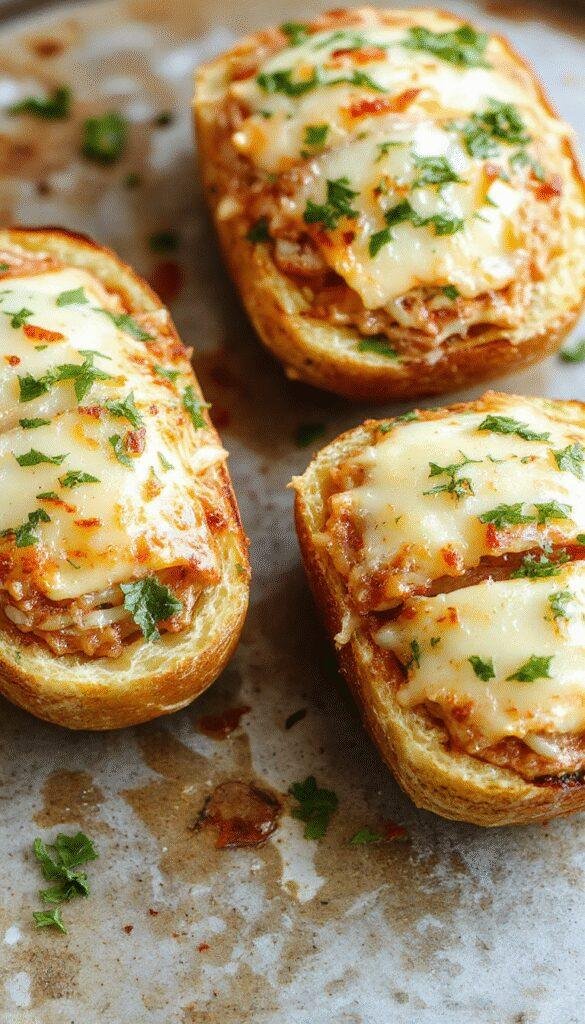 A close-up of spaghetti stuffed inside crispy garlic bread boats garnished with parsley and sprinkled with grated cheese.