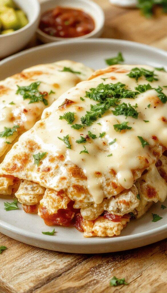 A sizzling quesadilla filled with crispy bacon, tender chicken, melted cheese, and creamy ranch sauce, folded in a golden tortilla.