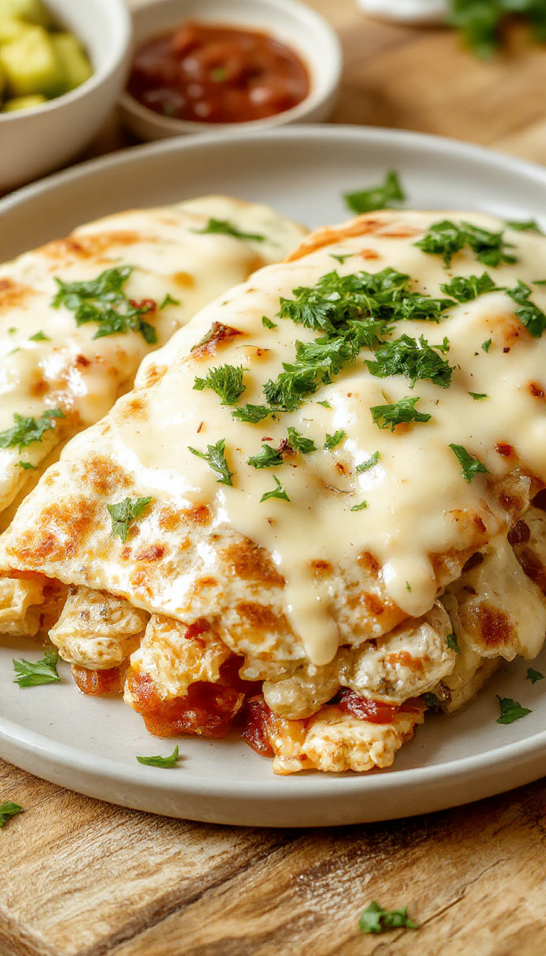 A sizzling quesadilla filled with crispy bacon, tender chicken, melted cheese, and creamy ranch sauce, folded in a golden tortilla.