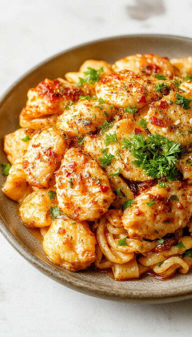 A plate of Speedy Honey Pepper Chicken Pasta featuring tender chicken, glossy honey glaze, sprinkled black pepper, and al dente pasta garnished with fresh herbs.