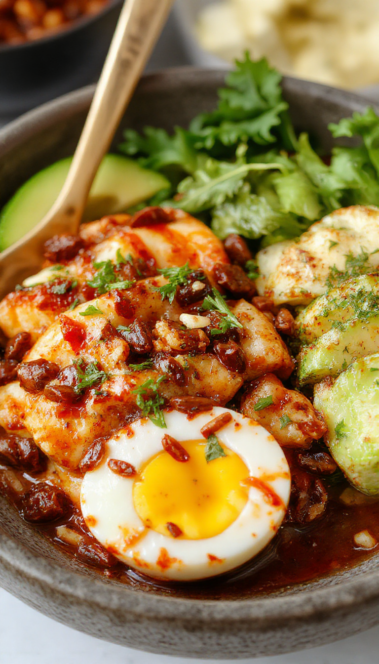 A vibrant bowl of Speedy Low-Carb Egg Roll Bowl featuring colorful vegetables, scrambled eggs, and savory Asian sauce garnished with green onions