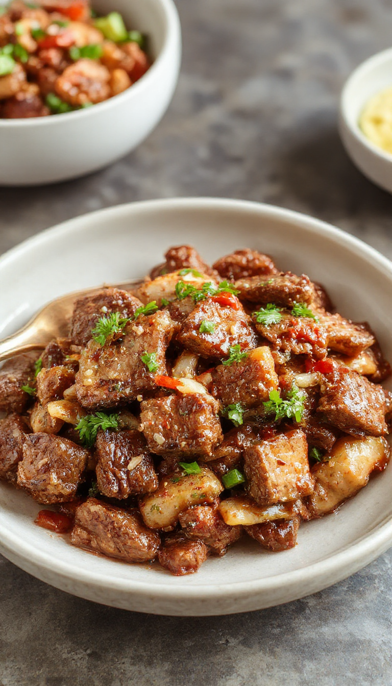 A vibrant plate of beef stir fry with colorful vegetables and steaming rice, beautifully garnished and ready to serve for a quick weeknight dinner.