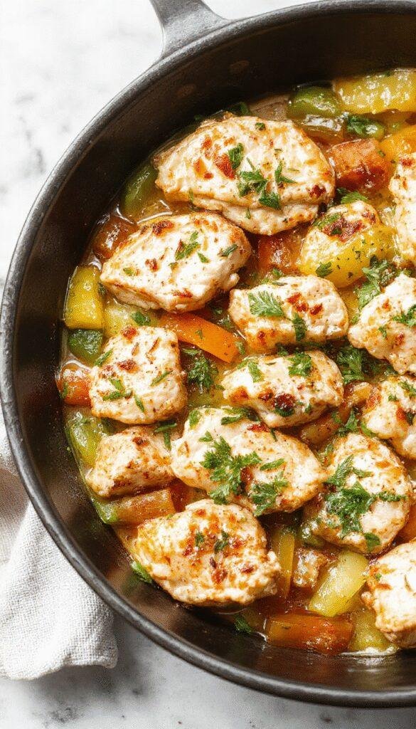 A vibrant skillet dish featuring juicy ground turkey, colorful bell peppers, and fresh herbs served hot in a skillet.