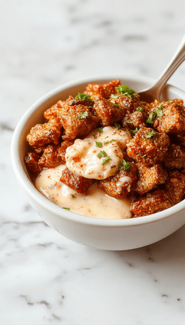 A vibrant chicken bowl featuring crispy pieces of fried chicken coated in a spicy sauce, drizzled with creamy sauce, topped with chopped green onions and sesame seeds. The bowl is arranged on a rustic wooden table with colorful vegetables and a side of white rice, styled beautifully with a sprinkle of herbs and a hint of chili flakes for a tempting, flavorful presentation.