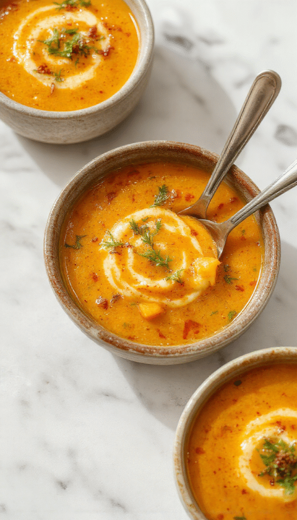 A vibrant bowl of spicy butternut squash and sweet potato soup garnished with fresh herbs, served in a rustic white bowl on a wooden table with a drizzle of cream and chili oil, surrounded by roasted squash and sweet potatoes for a colorful, appetizing presentation.