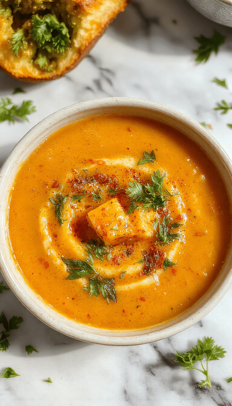 A vibrant bowl of spicy butternut squash and sweet potato soup, topped with a swirl of cream and garnished with fresh herbs, served in a rustic white bowl on a wooden surface, with a background of ingredients including butternut squash and sweet potatoes, showcasing warm orange hues and a creamy texture.