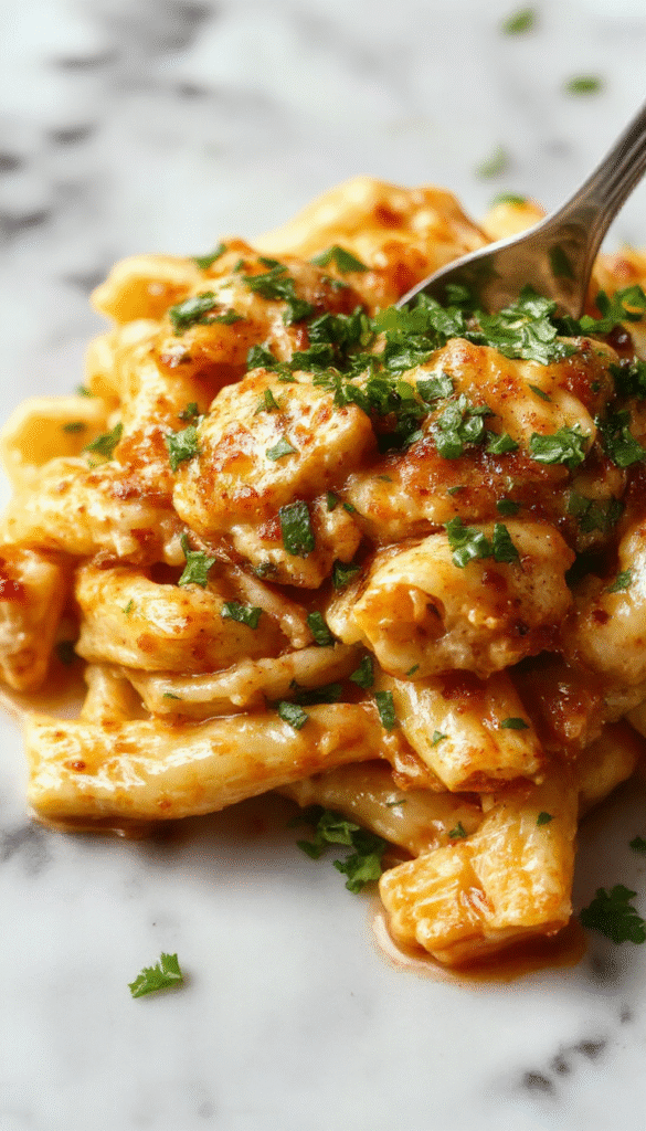 A vibrant plate of creamy Cajun chicken pasta featuring tender pieces of grilled chicken coated in a rich, spicy sauce with colorful bell peppers and finely chopped herbs, all elegantly plated with a sprinkle of fresh parsley and a side of crispy breadsticks against a rustic wooden background.