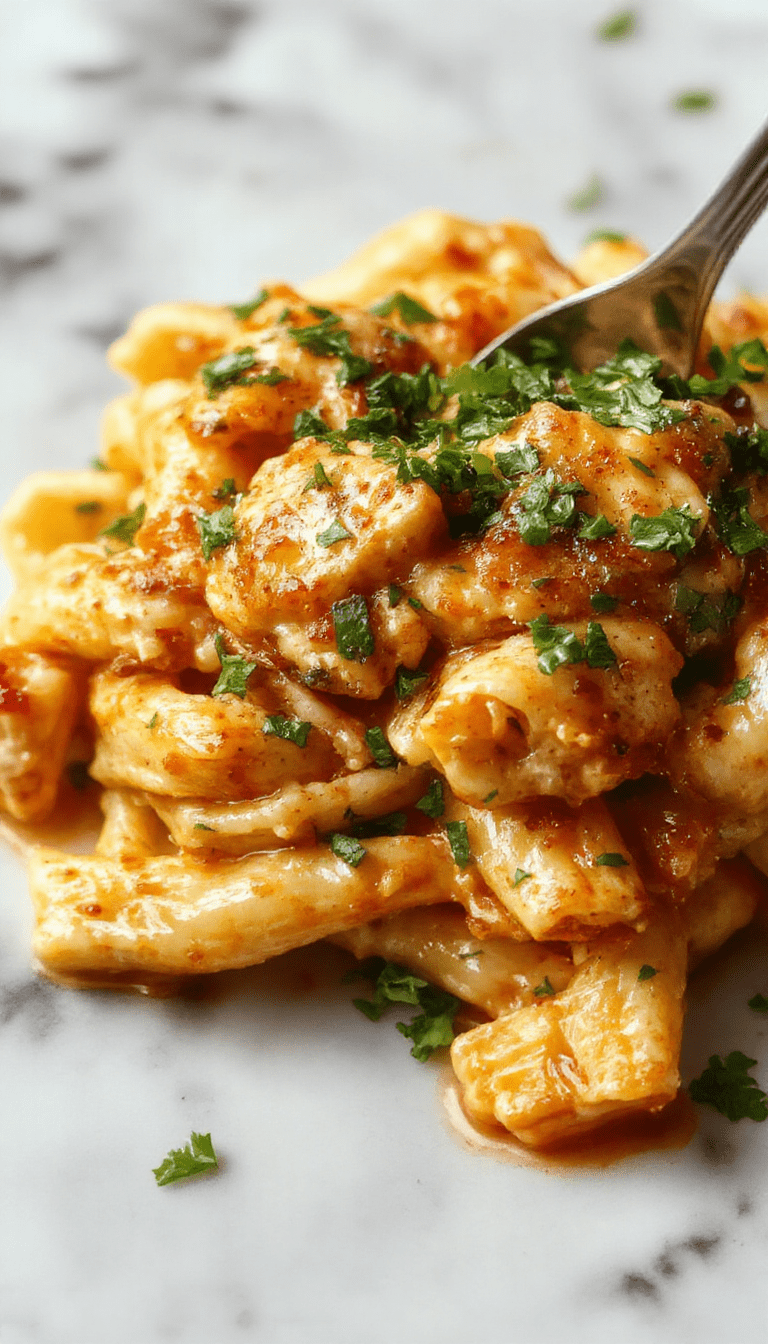 A vibrant plate of creamy Cajun chicken pasta featuring tender pieces of grilled chicken coated in a rich, spicy sauce with colorful bell peppers and finely chopped herbs, all elegantly plated with a sprinkle of fresh parsley and a side of crispy breadsticks against a rustic wooden background.