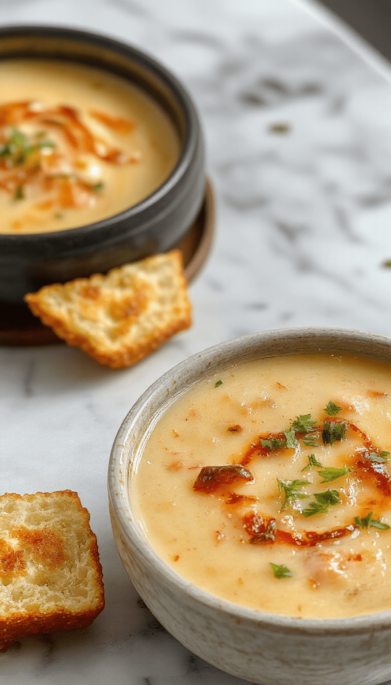 A steaming bowl of vibrant jalapeno popper soup featuring bright green jalapenos, melted cheese, creamy texture, garnished with fresh cilantro and crispy bacon bits, presented on a rustic wooden table with a spoon dripping with the flavorful broth.