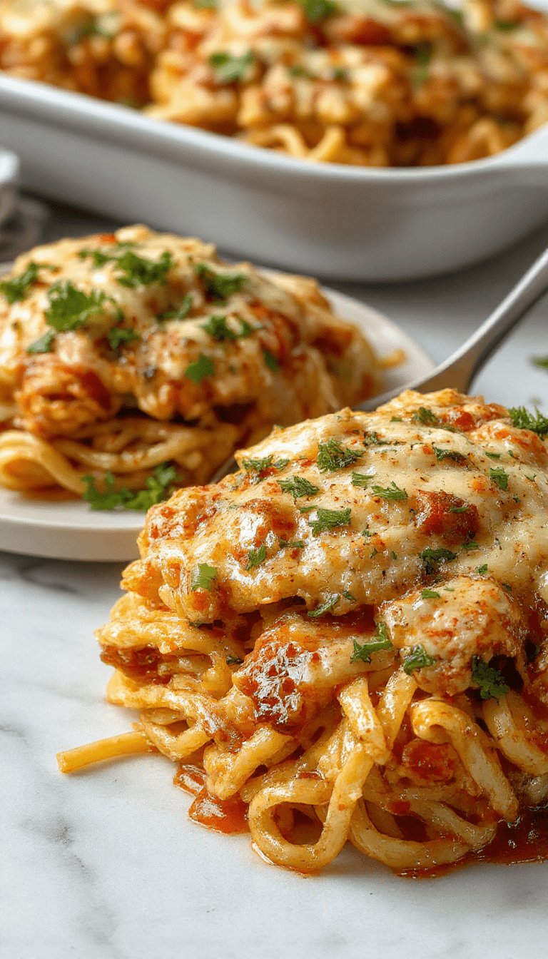 A hearty chicken spaghetti casserole in a rustic dish topped with melted cheese and garnished with chopped green onions, showcasing vibrant red pepper flakes, golden baked edges, and steaming noodles with tender chicken pieces, styled on a wooden table with fresh ingredients around.