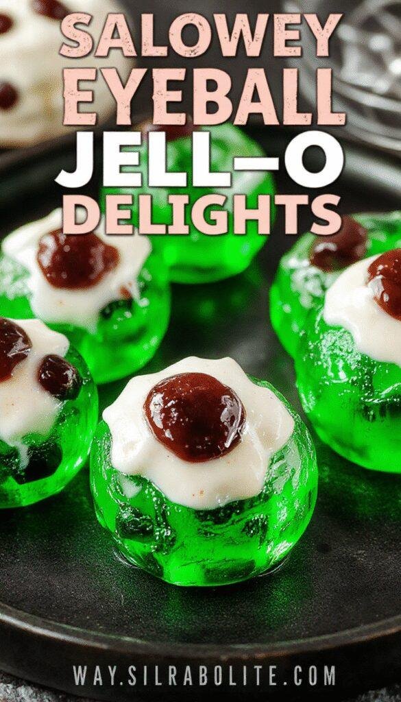 Colorful Spooky Eyeball Jell-O Delights with eerie green and red jelly, topped with realistic eyeball candies, displayed on a spooky themed plate.