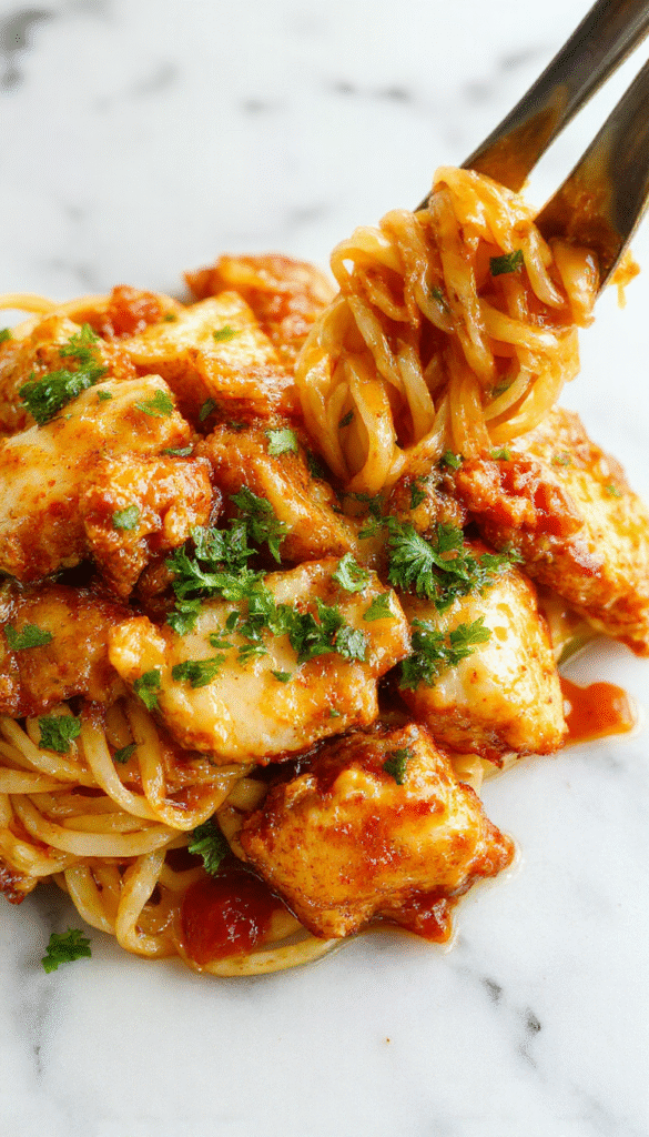 A vibrant plate of sticky garlic chicken noodles with glossy sauce, garnished with chopped green onions and sesame seeds on a rustic wooden table, showcasing tender chicken strips and perfectly cooked noodles with a shiny, savory glaze.