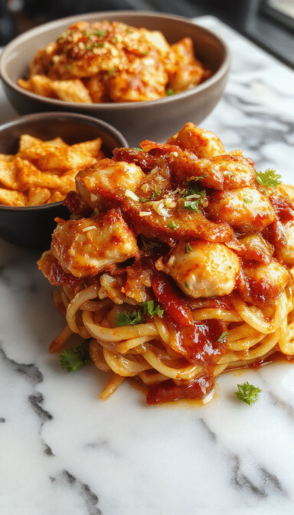 A vibrant bowl of sticky garlic chicken noodles featuring tender sliced chicken glazed with a glossy garlic sauce, garnished with chopped scallions and sesame seeds, served on a white plate with colorful vegetables around, highlighting the rich textures and aromatic appeal.