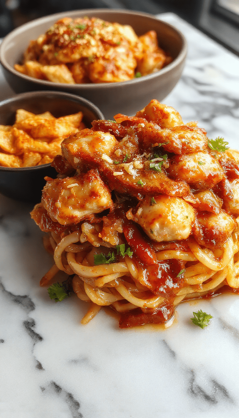 A vibrant bowl of sticky garlic chicken noodles featuring tender sliced chicken glazed with a glossy garlic sauce, garnished with chopped scallions and sesame seeds, served on a white plate with colorful vegetables around, highlighting the rich textures and aromatic appeal.