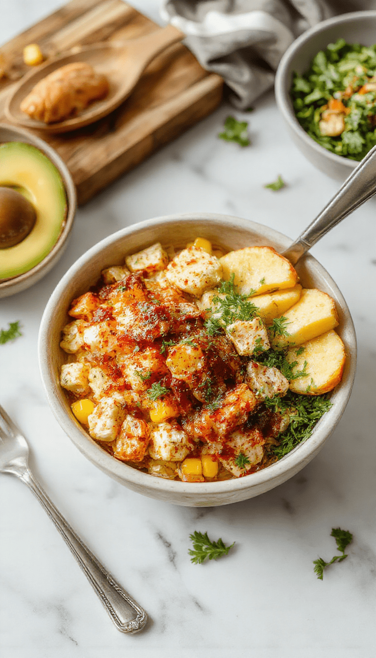 Colorful Mexican-inspired chicken bowl featuring grilled chicken topped with vibrant roasted corn, chopped cilantro, and drizzled with creamy sauce, placed on a rustic wooden table with lime wedges and fresh herbs, styled for appealing presentation