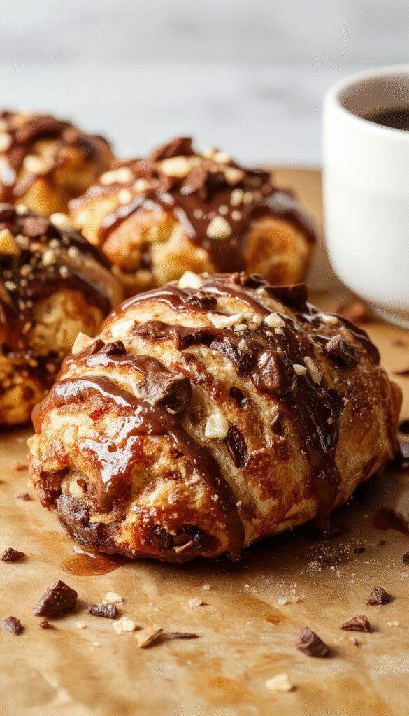 A freshly baked chocolate croissant morning bake on a rustic wooden platter, with flaky layers visible and melted chocolate oozing out.