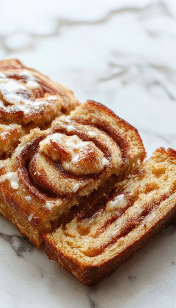A close-up of a freshly sliced cinnamon swirl banana bread on a rustic wooden plate, showing the rich banana and cinnamon layers inside, topped with a light dusting of powdered sugar, with a blurred background of a cozy kitchen setting.