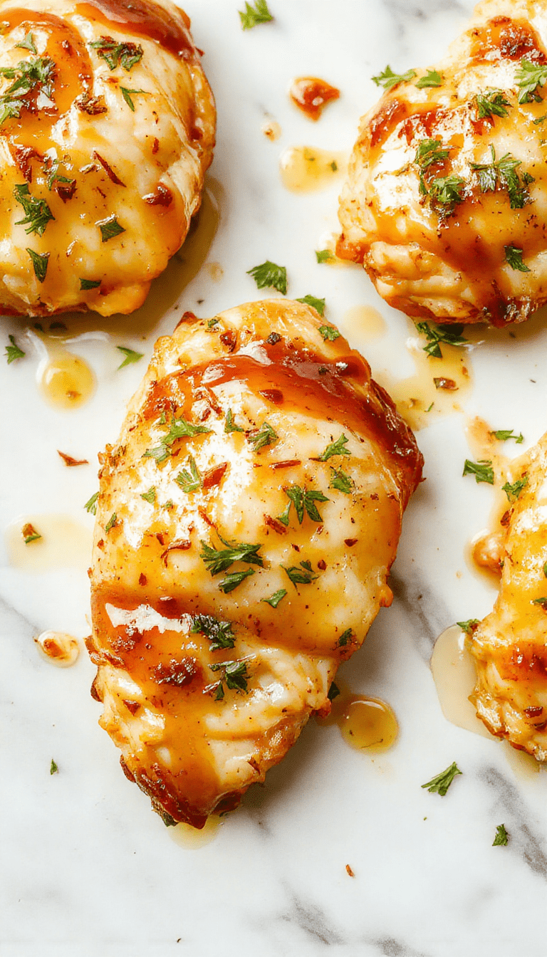 A close-up of golden-brown chicken breasts glazed with a glossy honey garlic sauce, garnished with fresh herbs, on a white plate with vibrant green garnish, styled simply with a rustic background