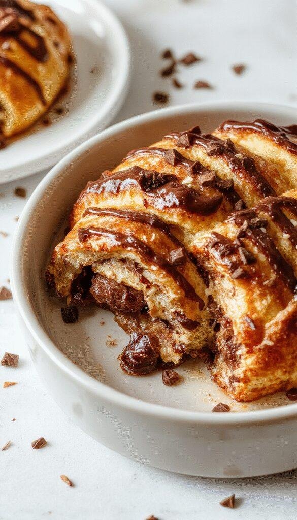 A golden-brown chocolate croissant bake topped with powdered sugar, served in a rustic dish with flowing melted chocolate and fresh berries.