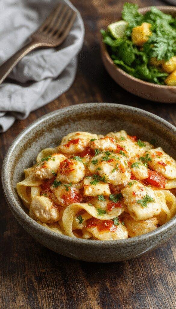 A plate of sweet and savory chicken pasta garnished with fresh herbs, featuring tender chicken, colorful vegetables, and a glossy sauce.