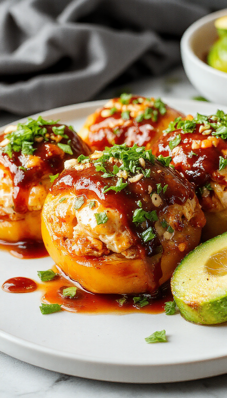 Colorful stuffed peppers filled with sweet and savory island teriyaki chicken, garnished with sesame seeds and green onions on a wooden platter