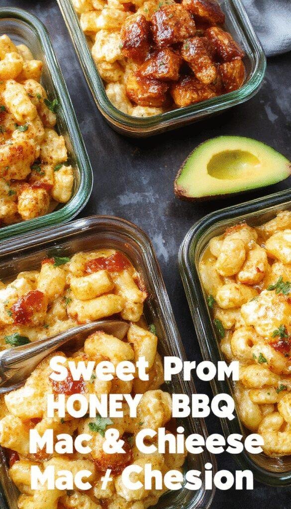 A plate of creamy mac and cheese topped with succulent honey BBQ chicken pieces, garnished with herbs and served alongside vegetables.