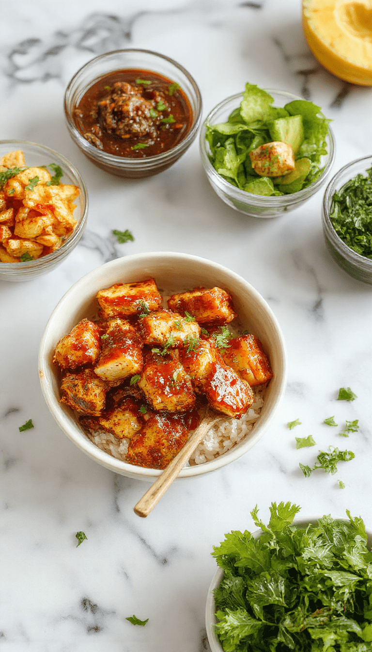 A vibrant chicken bowl featuring golden, crispy chicken pieces drizzled with glossy honey sauce and sprinkled with red chili flakes. The bowl is garnished with fresh green herbs, served on a rustic wooden table with colorful vegetables, creating an appetizing and flavorful presentation.