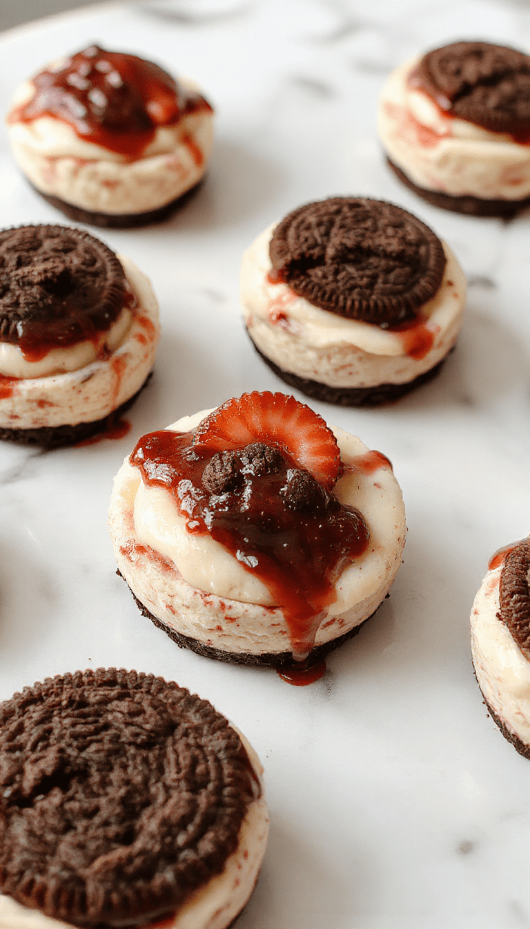 Close-up of a glass dessert cup filled with a layered strawberry and Oreo cheesecake, topped with whipped cream and fresh strawberries, vibrant red and white colors, glossy glaze, elegant plating with garnished Oreo crumbs on top.