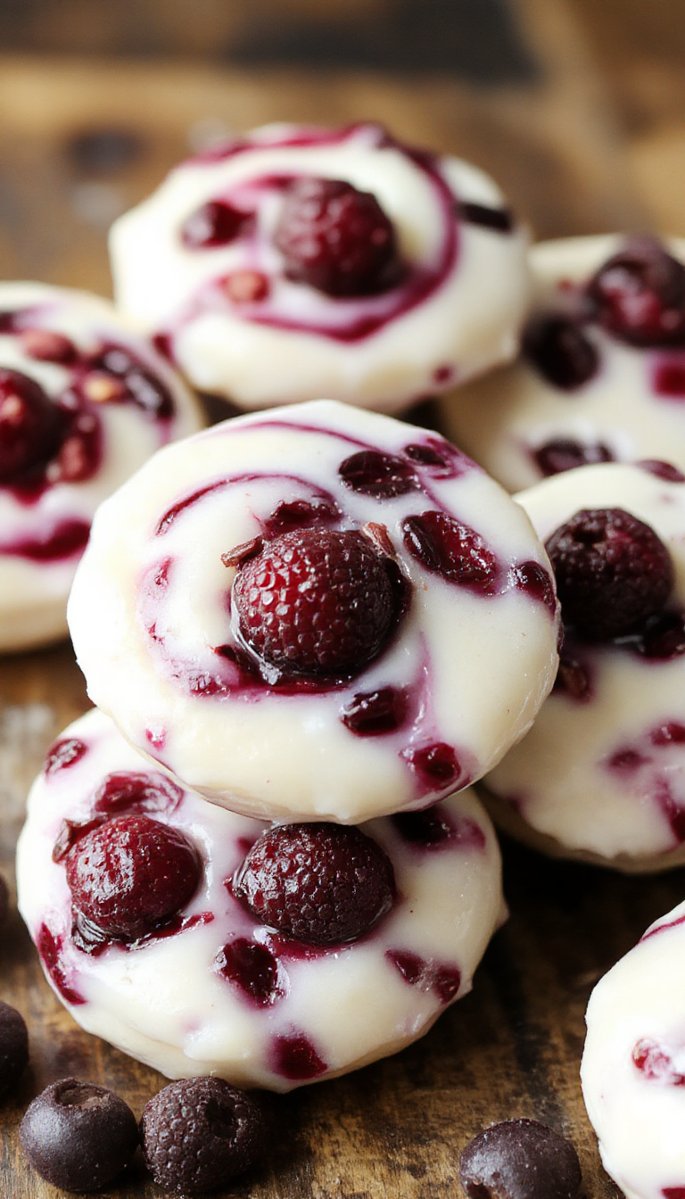 Delicious blue yogurt bites with swirled blueberry toppings arranged on a white plate