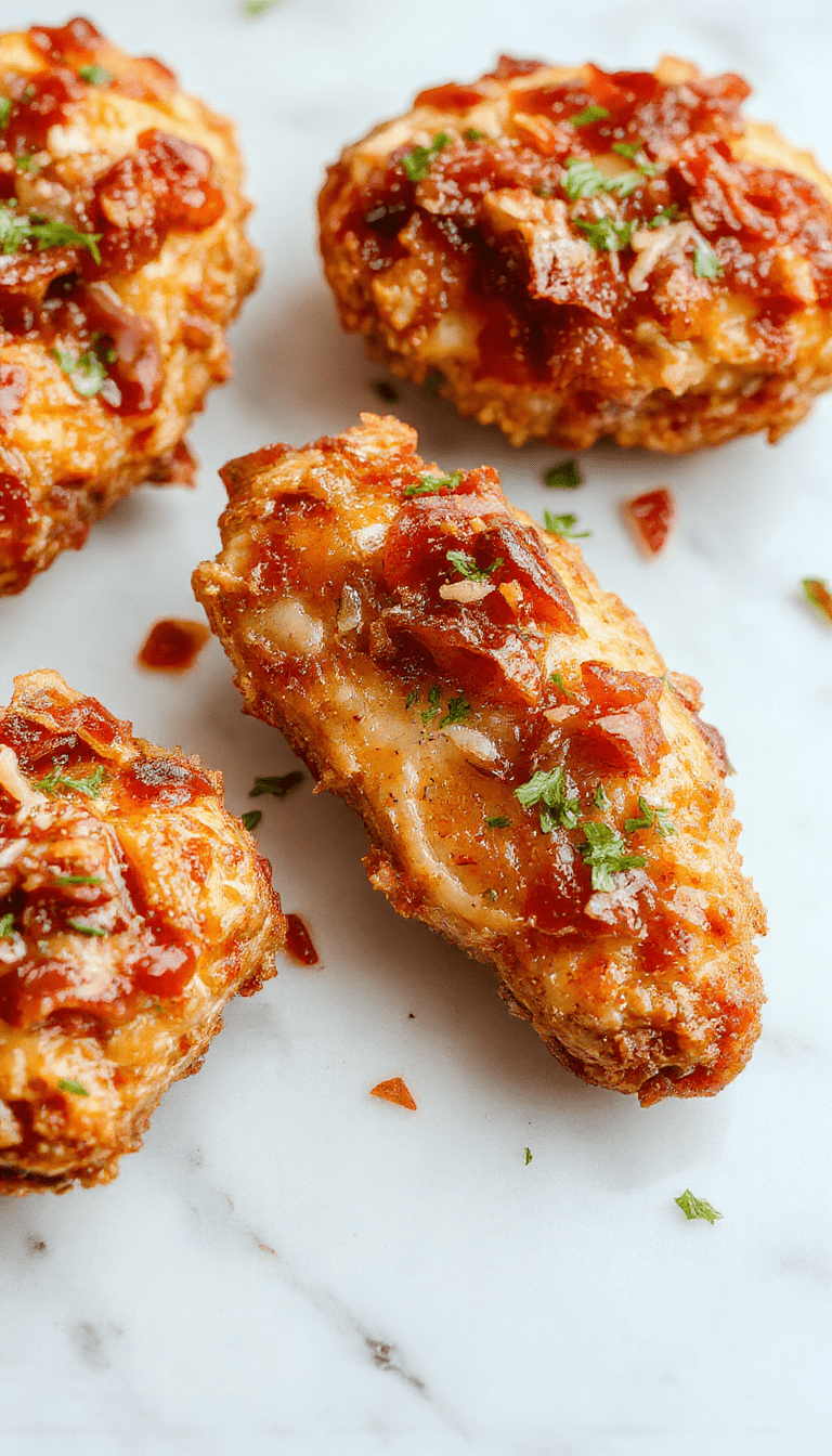 A close-up image of golden-brown chicken tenders glazed with a glossy sweet and savory sauce, topped with crispy bacon bits and sprinkled with brown sugar. The dish is plated on a rustic white plate with a side of fresh greens, with a background of wooden table and natural lighting highlighting the textures of the crispy tenders, caramelized bacon, and sticky glaze.