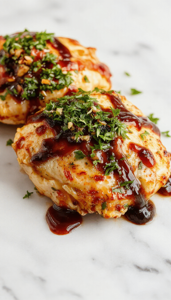 Colorful presentation of juicy balsamic chicken slices beautifully arranged on a white plate, glazed with a glossy dark balsamic reduction, garnished with fresh herbs, surrounded by roasted vegetables with caramelized edges, exhibiting a tantalizing mix of textures and vibrant colors.