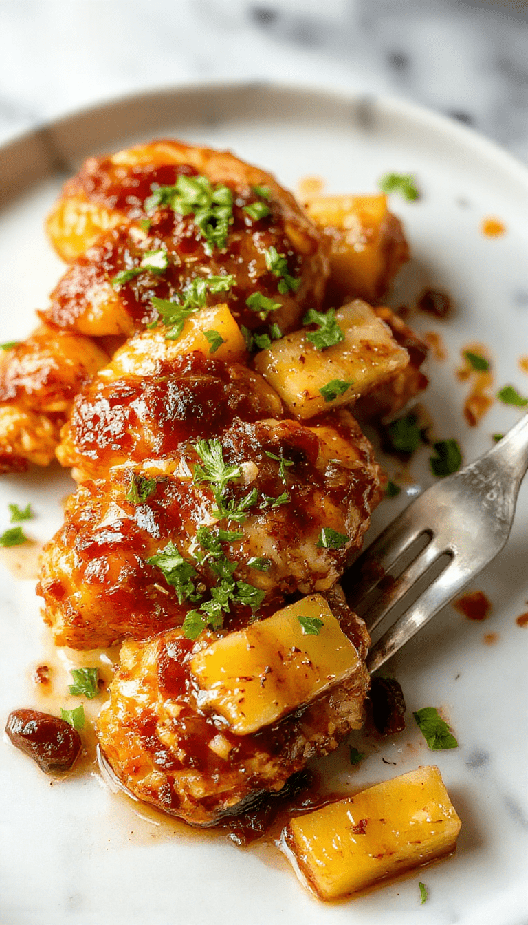 A vibrant plate of caramelized pineapple chicken featuring golden-brown crispy chicken pieces topped with juicy pineapple chunks, drizzled with a glossy brown sugar sauce, garnished with green herbs, and served on a white plate with colorful vegetables in the background, styled for an inviting home-cooked meal.