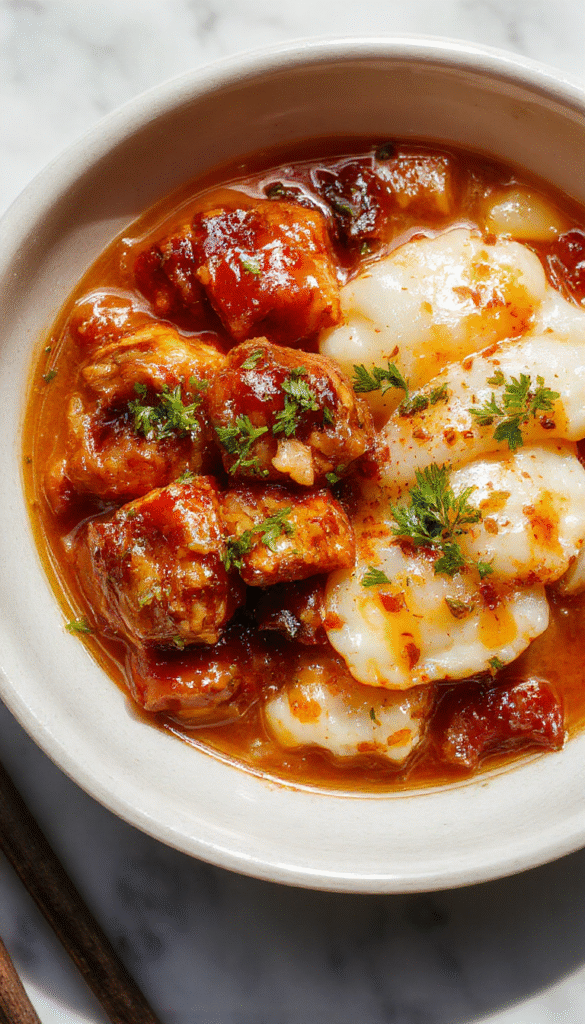 A vibrant plate featuring tender caramelised soy glazed chicken pieces arranged on a bed of steamed fluffy rice, surrounded by a clear garlic and ginger broth. The dish is garnished with chopped green onions and sesame seeds, with a glossy caramel soy glaze coating the chicken, creating a rich, inviting scene with warm tones and textured ingredients.