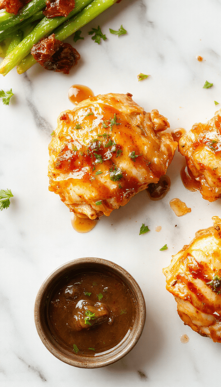 Colorful plate featuring golden-brown chicken thighs glazed with a shiny, caramelized honey garlic sauce, garnished with fresh parsley, served on a rustic wooden table with a drizzle of sauce and sesame seeds