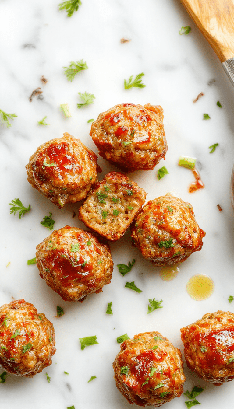 A close-up of glossy honey garlic turkey meatballs garnished with fresh herbs on a rustic white plate, with a drizzle of honey and sprinkled garlic. Bright colors of the herbs contrast with the tender, browned meatballs, creating an inviting, appetizing presentation.