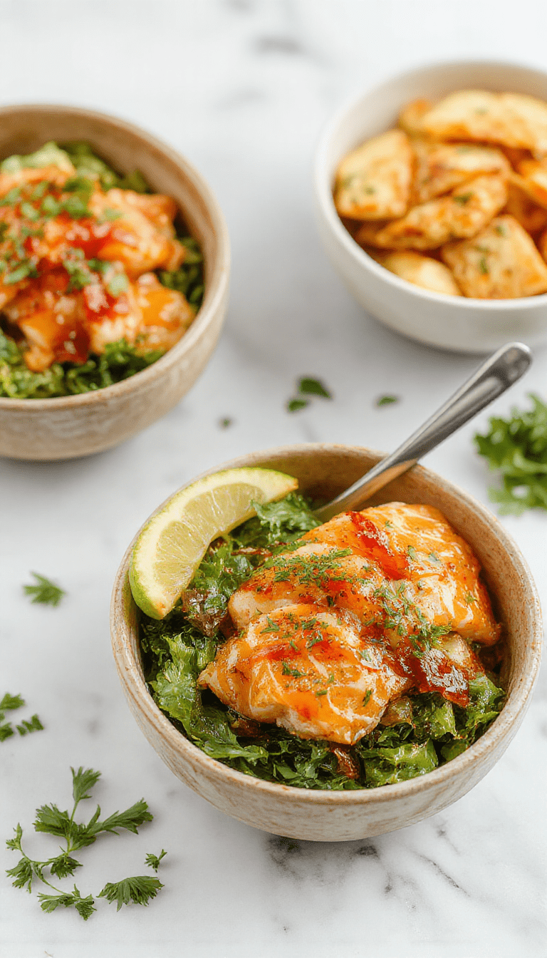 A vibrant bowl featuring flaky grilled salmon glazed with honey and sriracha sauce, nestled on a bed of fluffy white rice, topped with chopped green onions, sesame seeds, and colorful sliced vegetables, presented on a rustic wooden table with a drizzle of extra sauce for visual appeal