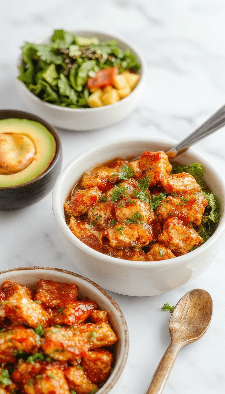A vibrant chicken bowl topped with a glossy honey glaze, sprinkled with red pepper flakes and green herbs. The bowl features juicy, crispy chicken pieces, colorful vegetables, and a drizzle of hot honey sauce, all arranged on a rustic wooden table with a side of fresh herbs and chopsticks.