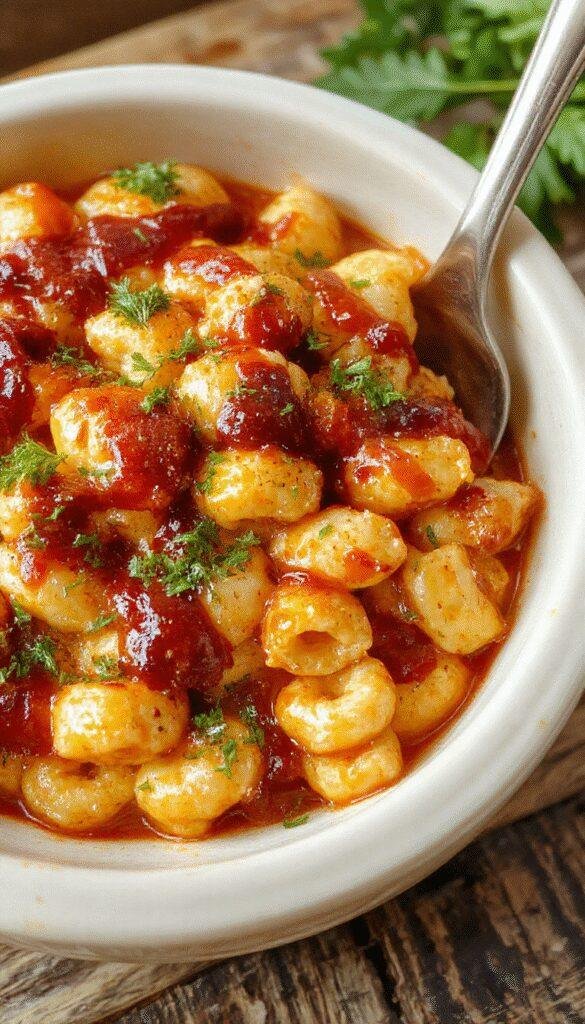 A bowl of Tangy BBQ Chicken Mac & Cheese topped with shredded chicken, melted cheese, and fresh herbs, served on a rustic wooden table.
